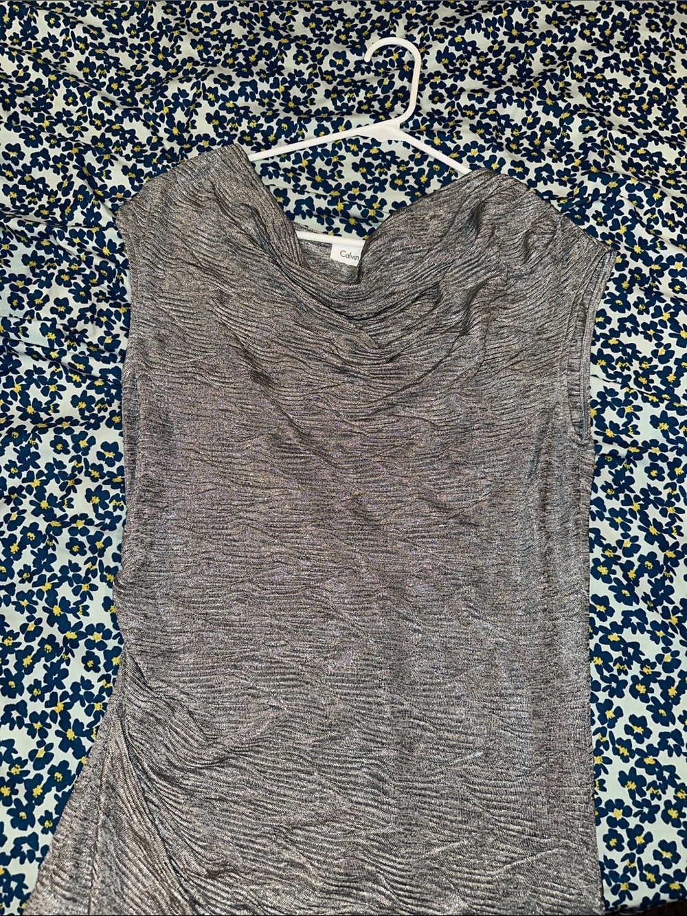 Calvin Klein Metallic Gray Ruched Cowl Neck Sleeveless Top